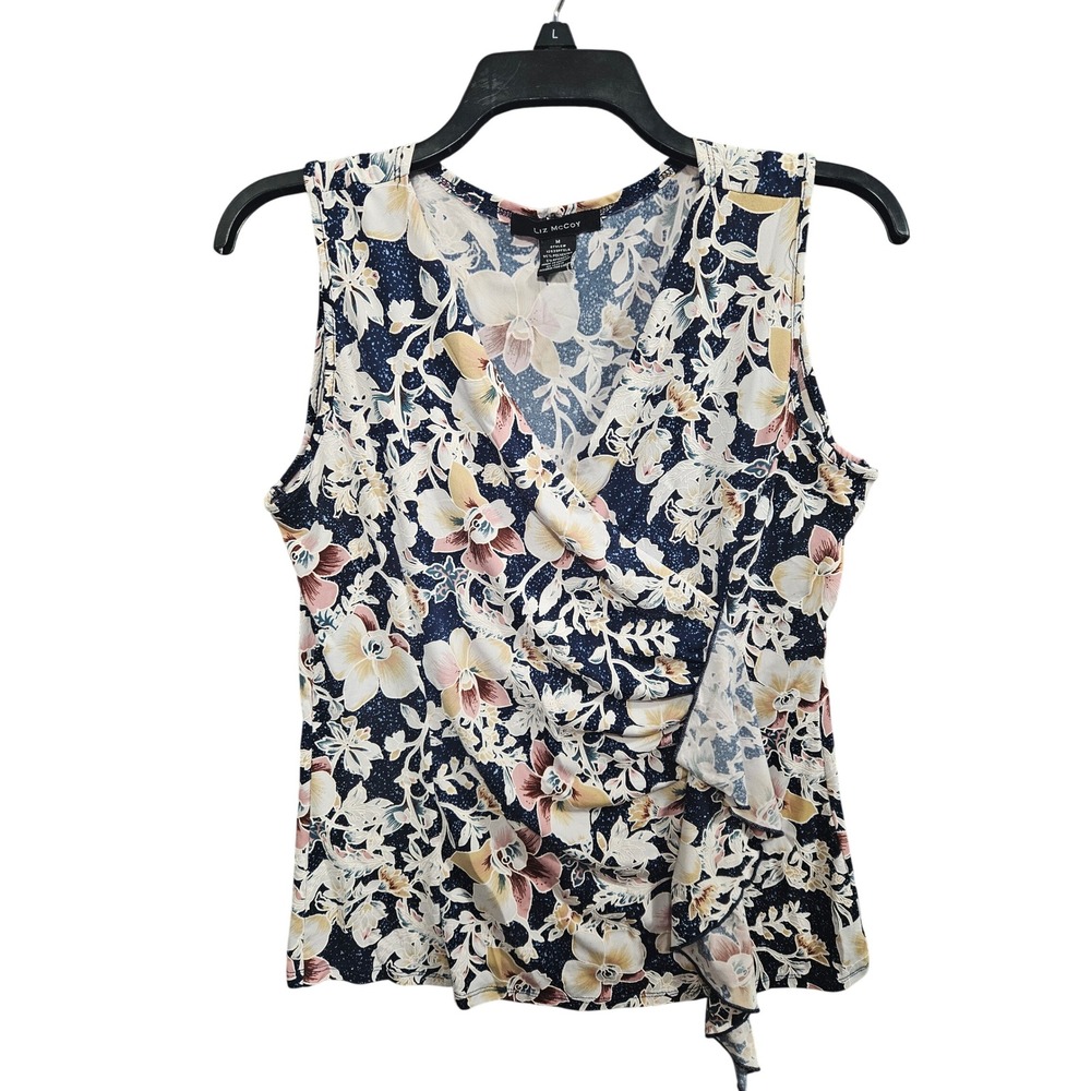 Liz McCoy Womens Navy Floral Faux Wrap Ruffle V-Neck Sleeveless Top M 12939PFSLA